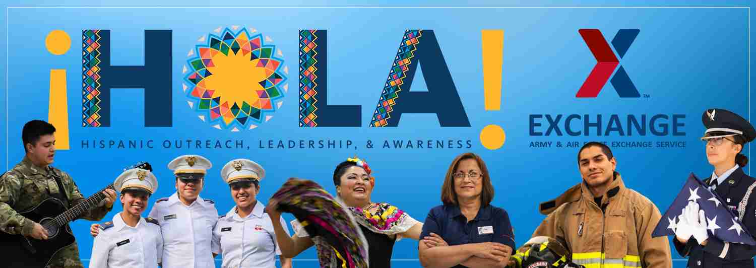 HOLA! Hispanic Outreach, leadership and awareness. Exchange Logo. Image of multiple people of Hispanic heritage