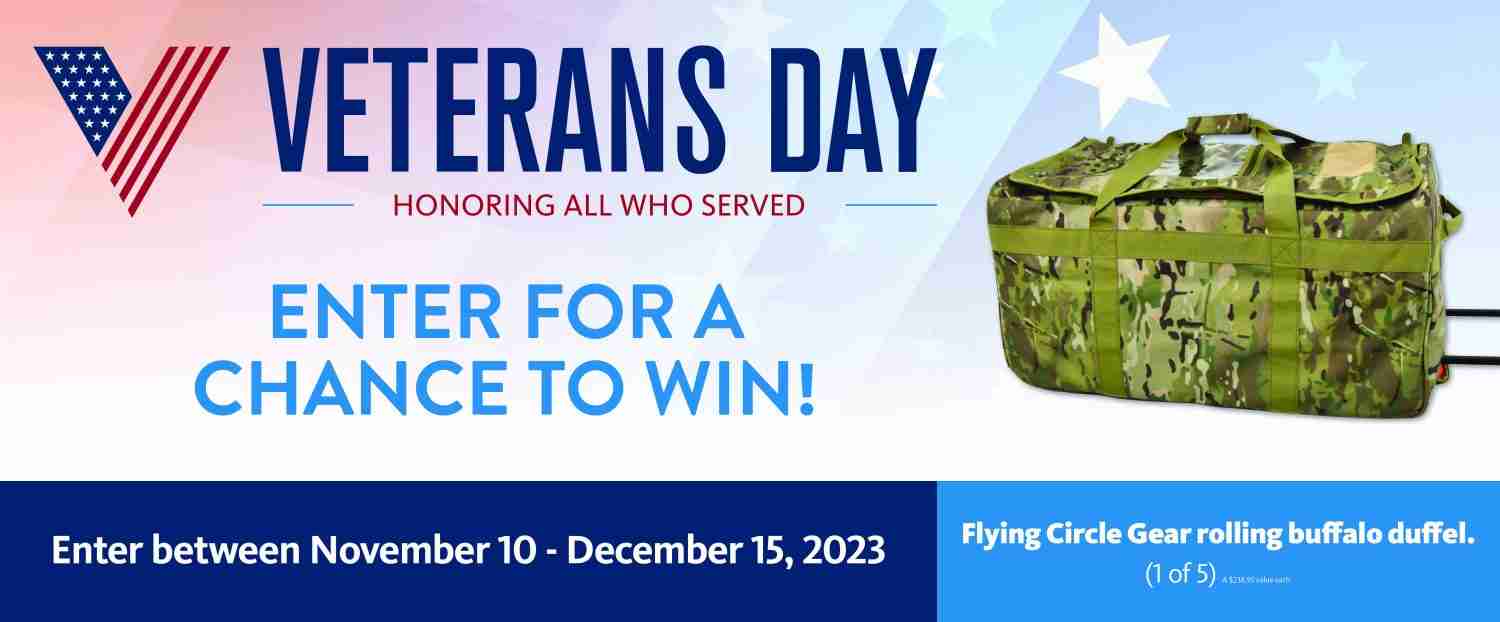 2023 Veterans Day Sweepstakes | Flying Circle Gear Rolling Buffalo Duffel