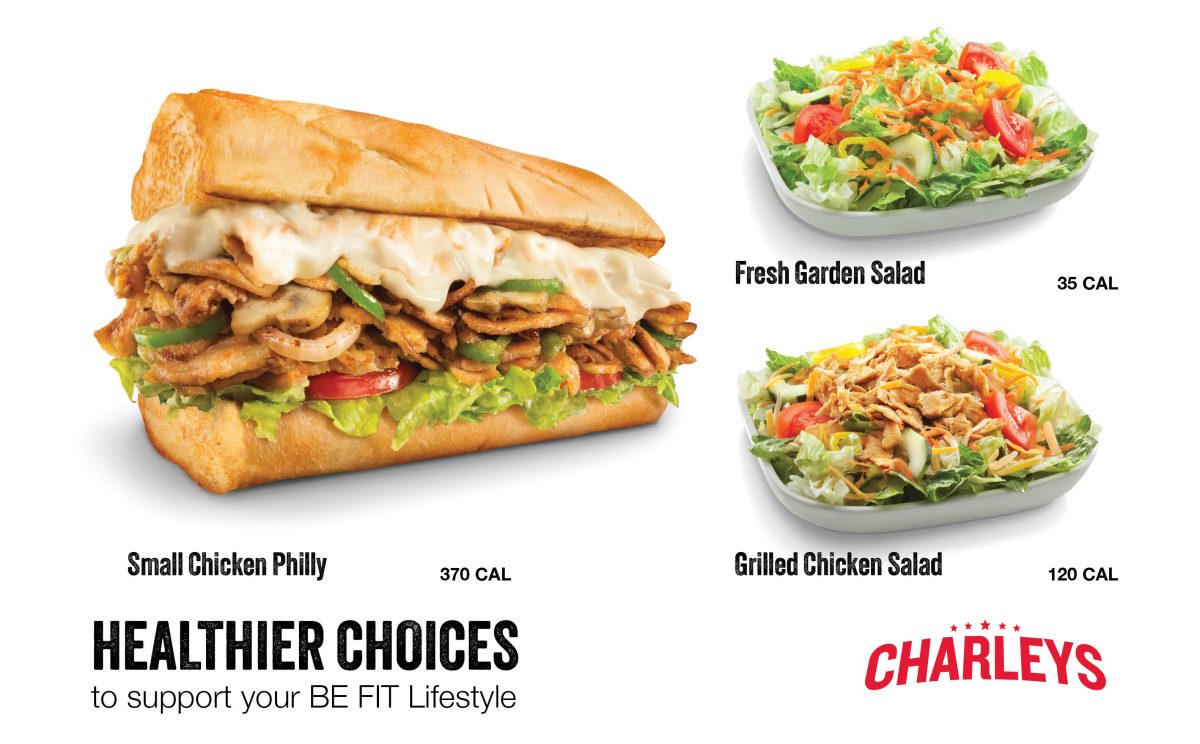 Small chicken Philly sandwich pictured beside a fresh garden salad and grilled chicken salad, with calorie counts and Charleys branding.