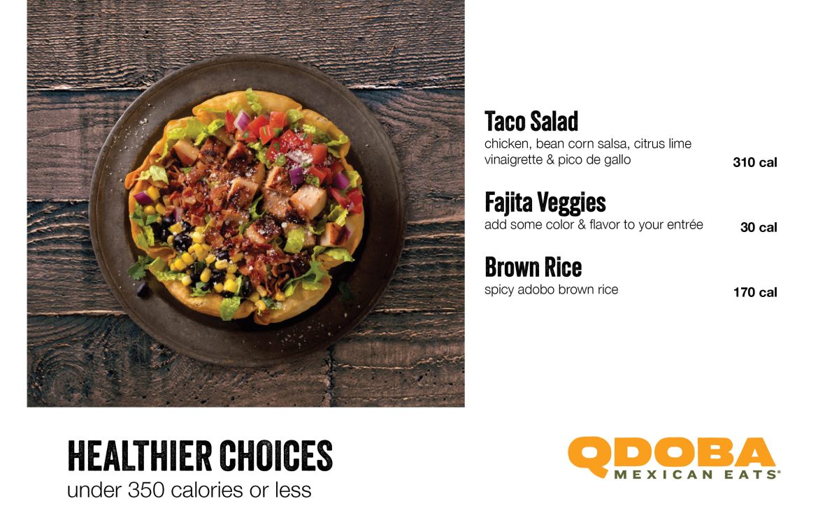 Overhead photo of a taco salad topped with chicken, beans, corn, avocado and pico de gallo, with menu text for Taco Salad, Fajita Veggies and Brown Rice under 350 calories or less.