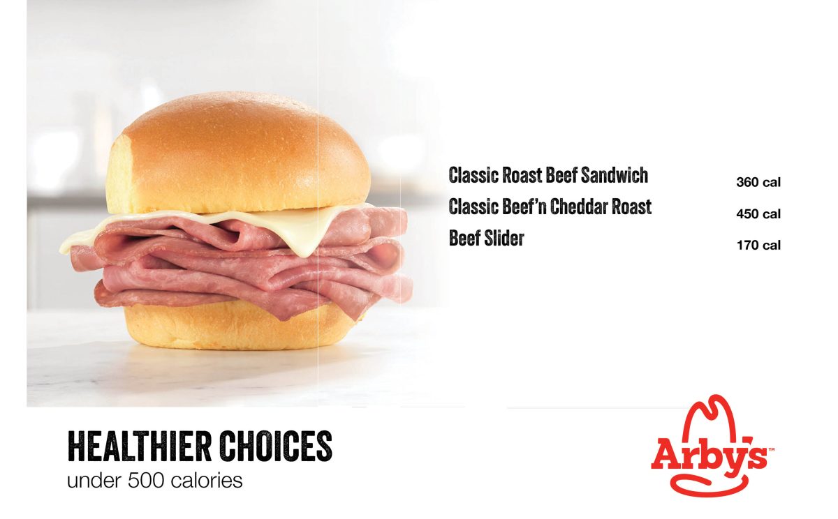 Roast beef sandwich with cheese on a bun shown beside menu text listing Classic Roast Beef Sandwich, Classic Beef ’n Cheddar Roast and Beef Slider under a Healthier Choices under 500 calories message.