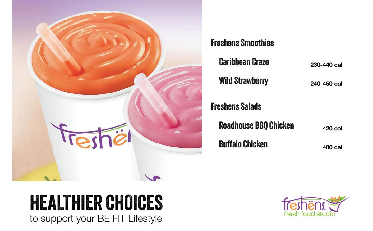 Two colorful Freshens smoothies in branded cups, one orange and one pink, with menu text listing smoothie and salad options and calorie ranges.