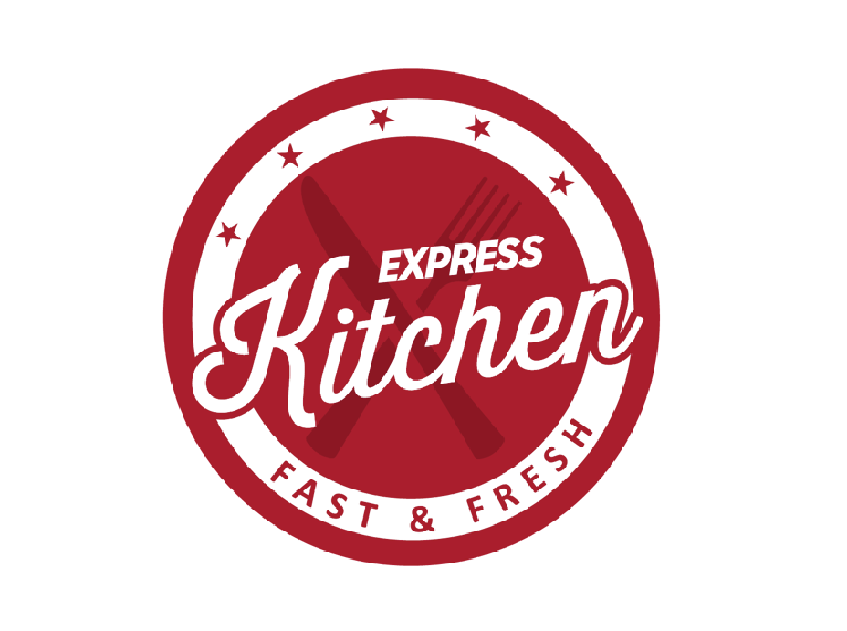 Express Kitchen logo in a red circular badge with the words ‘Fast & Fresh’ and a fork and knife in the background.
