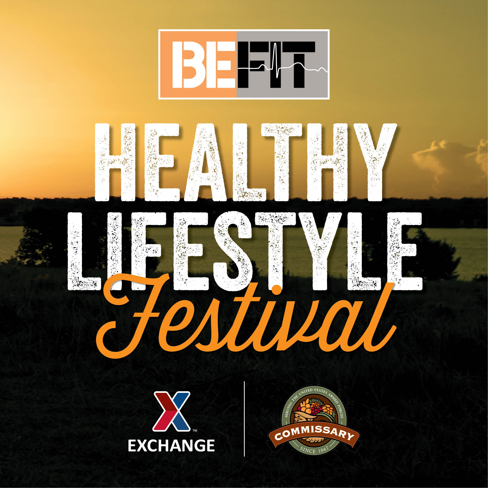 Healthy Lifestyle Festival, BE FIT, Exchange, and Commissary logos