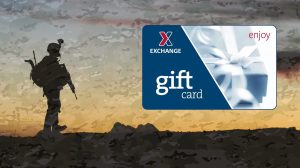 A Soldier stands on a hill with an orange sunset; an Exchange gift card sits on the right side