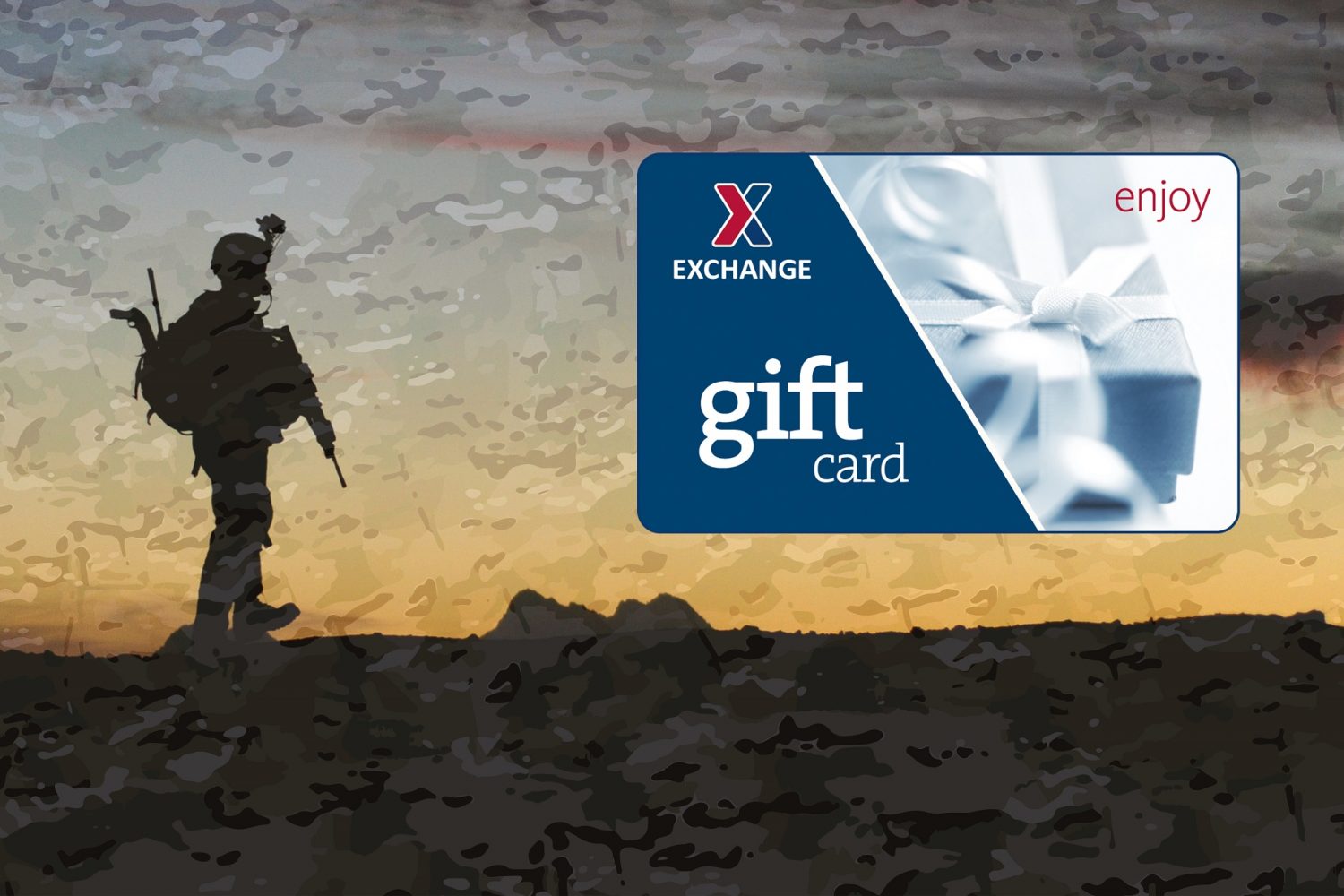 A Soldier stands on a hill with an orange sunset; an Exchange gift card sits on the right side