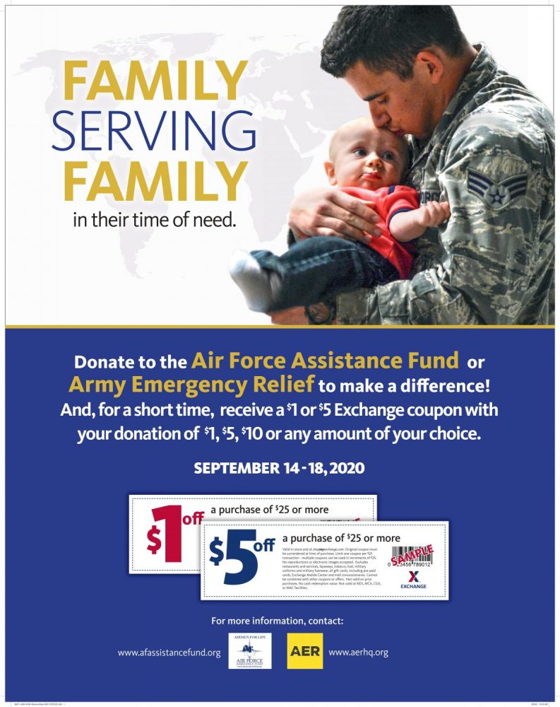 Army & Air Force Exchange Service shoppers will earn additional savings when they donate to Army Emergency Relief or the Air Force Assistance Fund in stores Sept. 14-18.