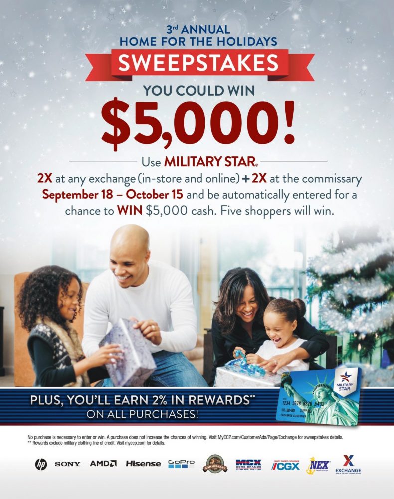 Through Oct. 15, military exchange and commissary shoppers will get a chance to win $25,000 in cash prizes in the MILITARY STAR® card’s Home for the Holidays sweepstakes—and entering is as simple as swiping a card.