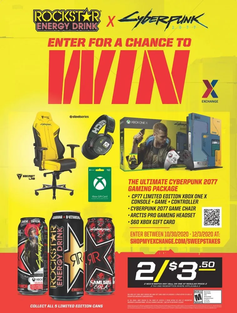 Army & Air Force Exchange Service shoppers will get the chance to win the ultimate Cyberpunk 2077 experience—an Xbox One X gaming setup valued at $1,455—Oct. 3-Dec. 30 in the Rockstar Cyberpunk sweepstakes.