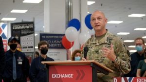 Col. Don Nowlin, Exchange Europe/Southwest Asia commander, recognizes the hard work and dedication of Vicenza Exchange associates during the grand reopening of the $13.2 million renovated Vicenza Exchange July 15. (U.S. Army photo by Sgt. 1st Class Taresha Hill)