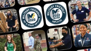 2022 Military Friendly Top 10 Spouse Employer and Military Friendly Employer Silver Award seals, with photos of Exchange Veteran and military spouse associates