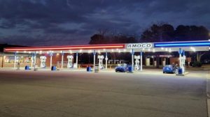 Photo of the Seymour Johnson Express gas station, with new BP/Amoco-branded canopy and pumps