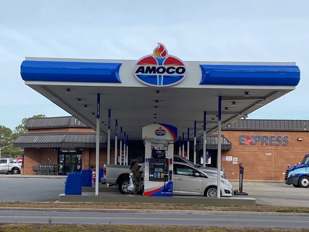 Photo of the Seymour Johnson Express gas station, with new BP/Amoco-branded canopy and pumps