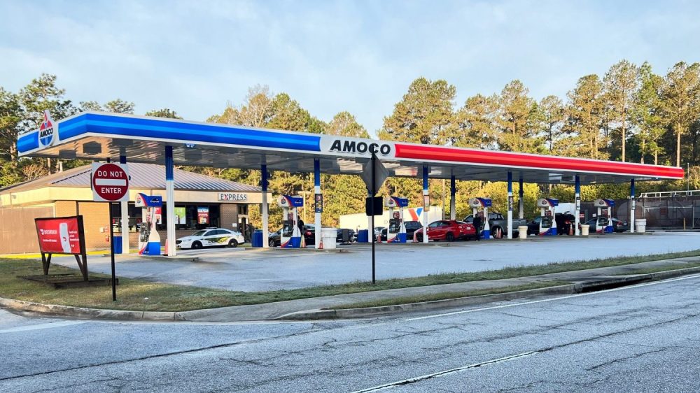 Photo of the Fort Gordon Gate 1 Express' new canopy and pumps. The gas station now offers BP/Amoco-branded fuel.