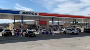 Picture of the new BP/Amoco-branded canopy and pumps at Fort Knox's Army & Air Force Exchange Service Wilson Express