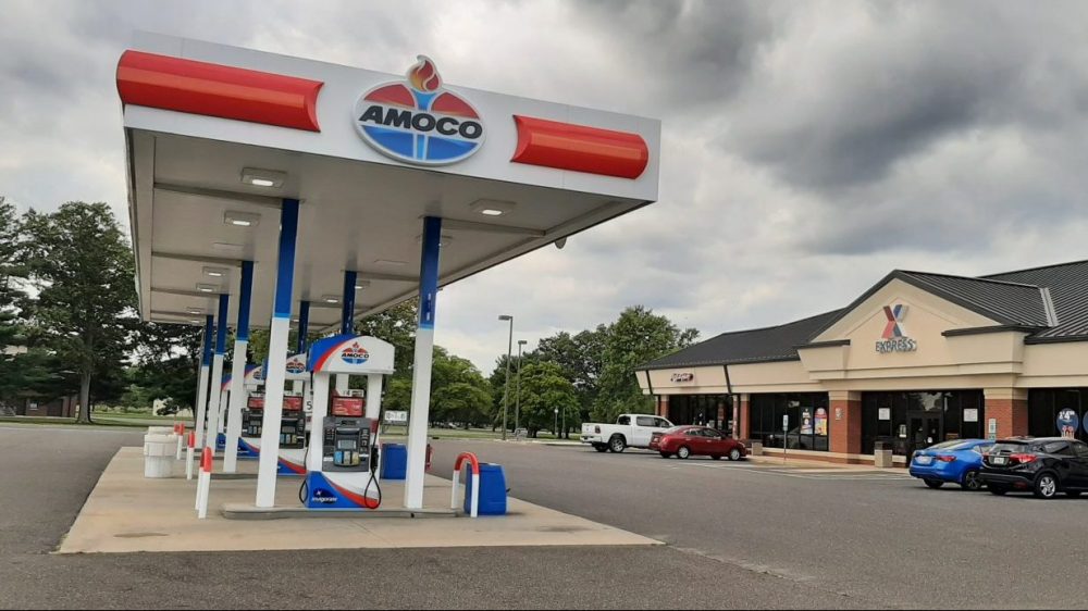 Photo of the McGuire Express' new Amoco-branded fuel pumps and canopy.
