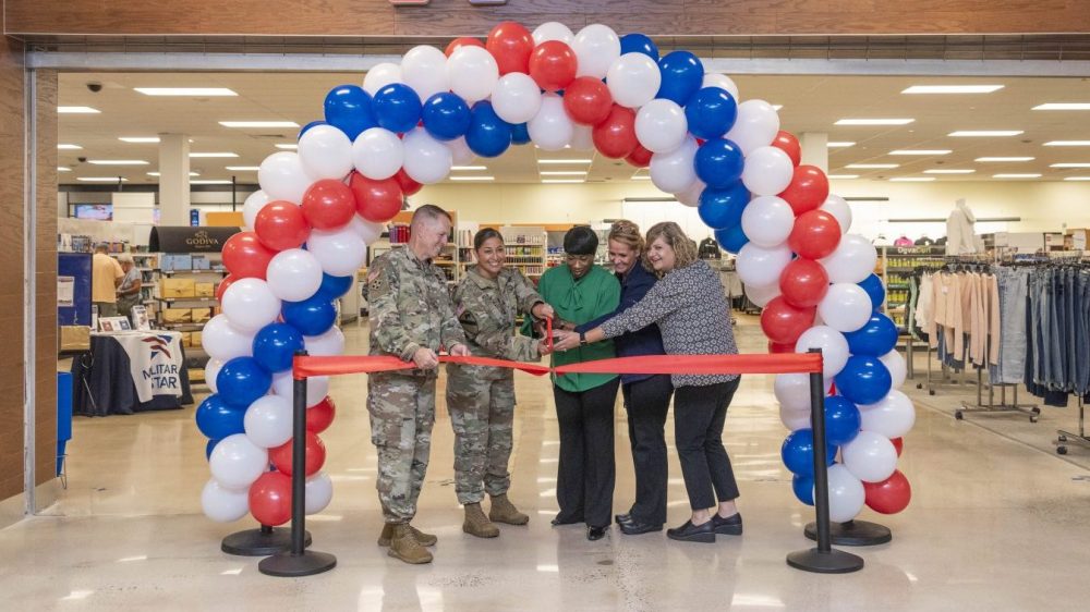 From left, U.S. Army War College Commandant Maj. Gen. David Hill, Carlisle Barracks Garrison Commander Lt. Col. Jeannette Molina, Garrison Command Sgt. Maj. Shauna Addison, Carlisle Barracks Exchange General Manager Valerie Bright, PX Department Manager Melanie Morrison and Exchange Northeast Region Vice President Amanda Hartfield cut the ribbon on the Carlisle Barracks Exchange's $5.2 million renovation Sept. 19.