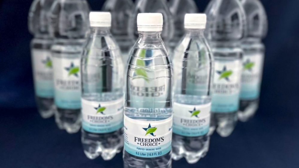 Close-up of Freedom's Choice purified drinking water, the Defense Commissary Agency's private-label bottled water brand