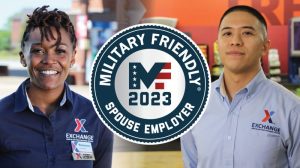 Graphic featuring two of the Exchange's military spouse associates and Viqtory's Military Friendly Spouse Employer 2023 logo.