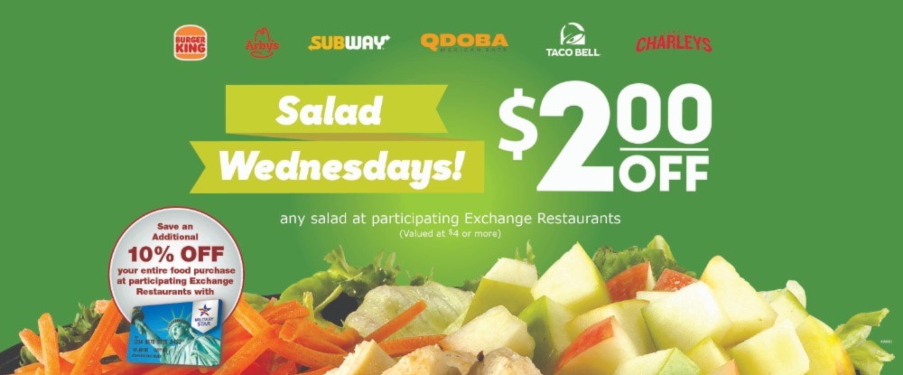 Save $2 off any salad $4 or more at participating Exchange restaurants every Wednesday