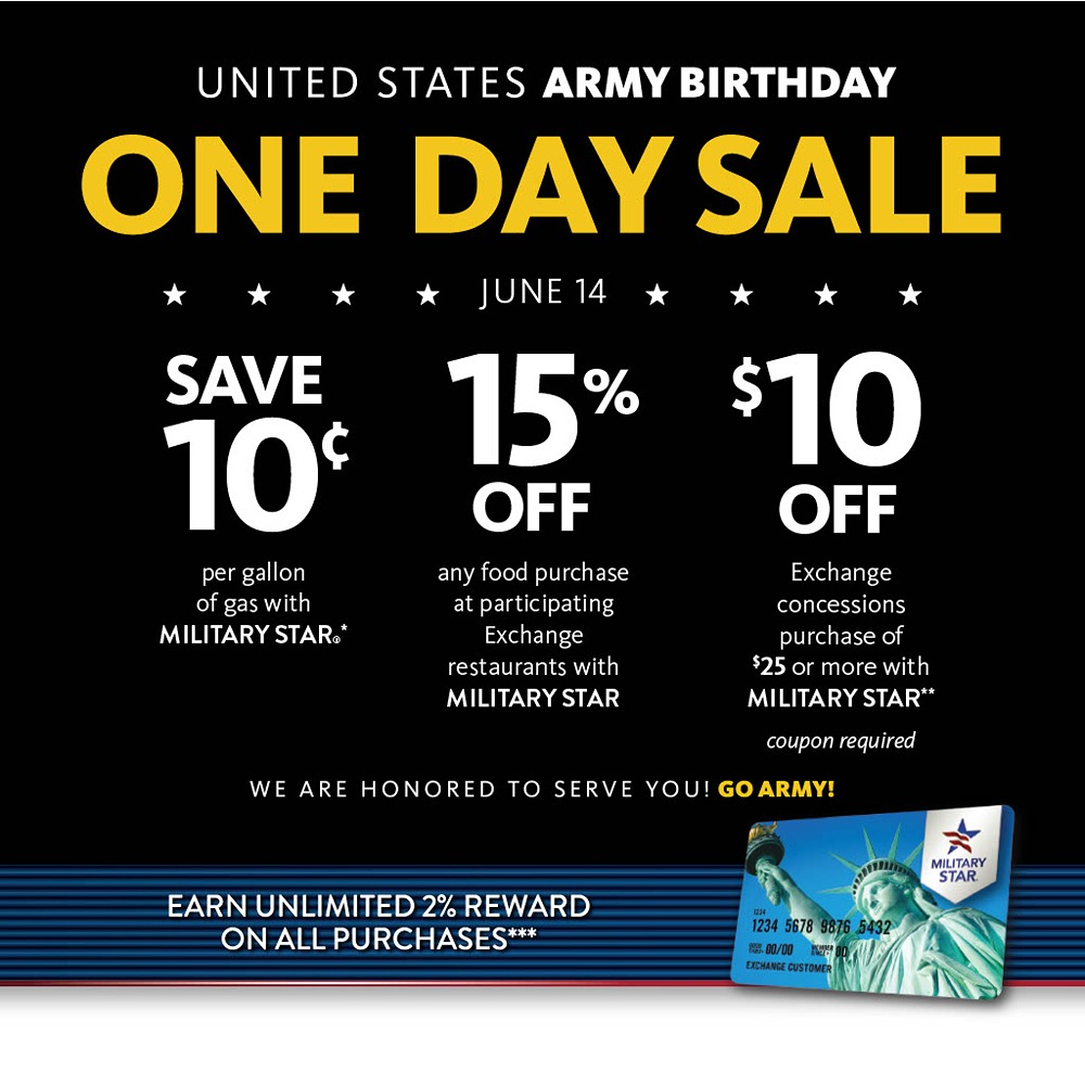 The Army & Air Force Exchange Service and MILITARY STAR® are celebrating the U.S. Army’s 248th birthday with one-day savings for cardholders.