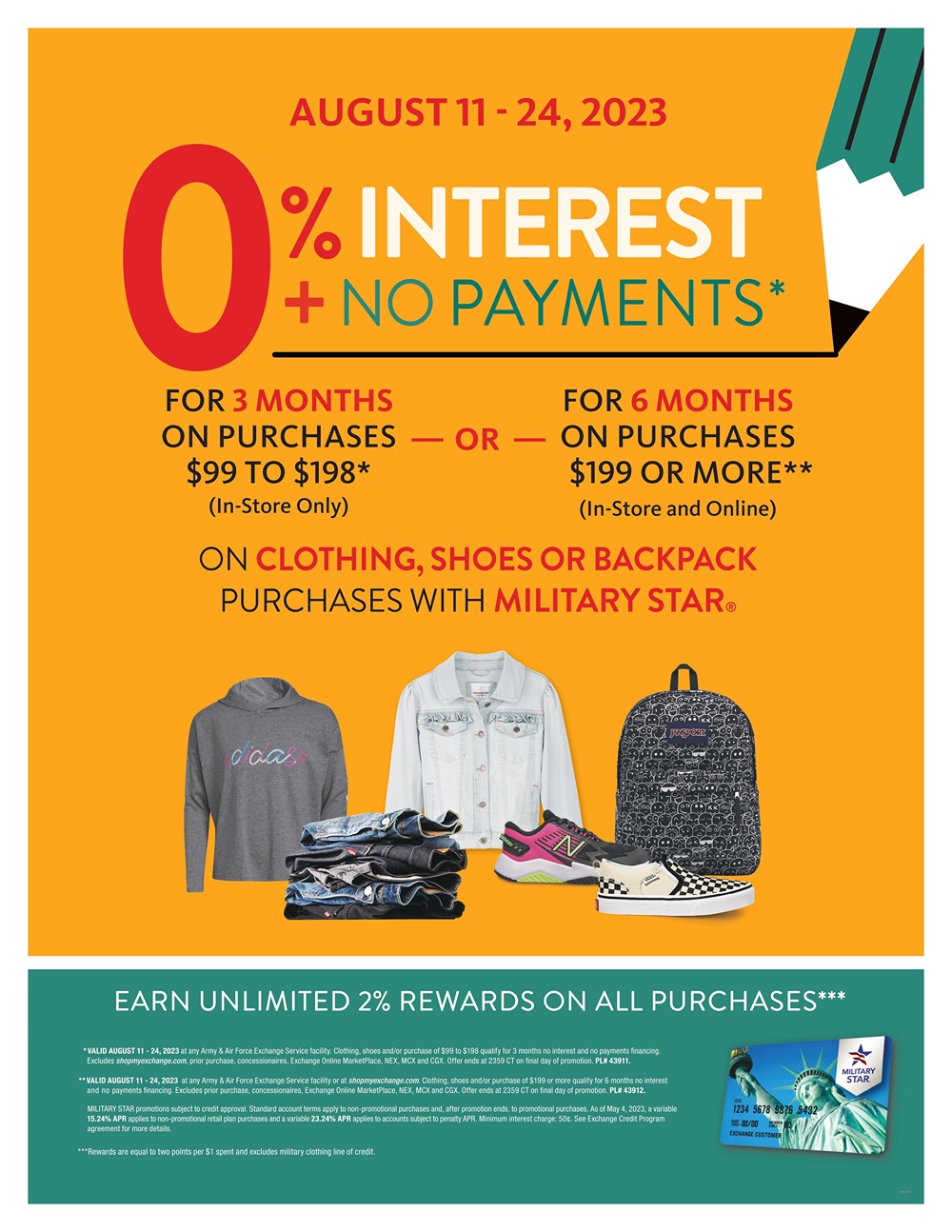 The Army & Air Force Exchange Service and the MILITARY STAR® card are helping shoppers save on back-to-school essentials throughout August with 0% interest deals and extra savings on clothing. 