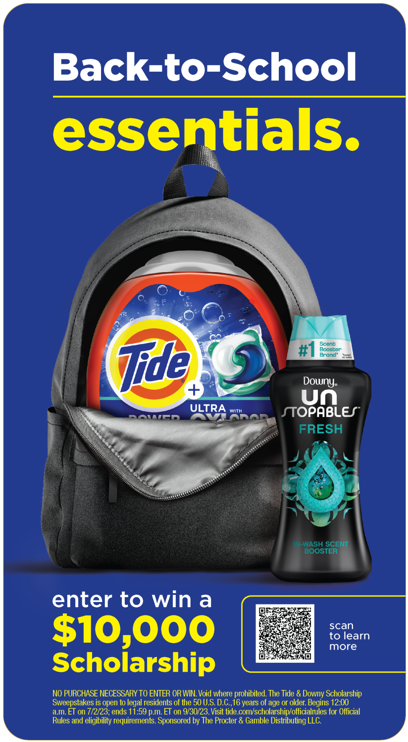 Military shoppers can enter to win $50,000 in scholarships in this summer’s Tide & Downy Scholarship Sweepstakes.