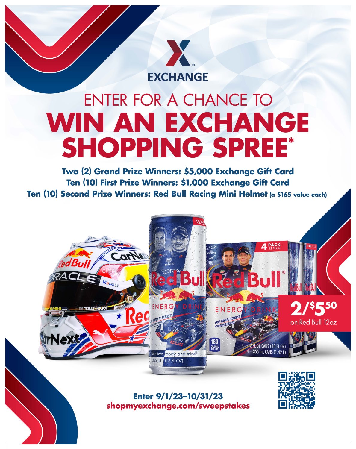 Army & Air Force Exchange Service shoppers can enter to win one of 22 prizes in the Red Bull Exchange Gift Card Sweepstakes from Sept. 1 through Oct. 31.