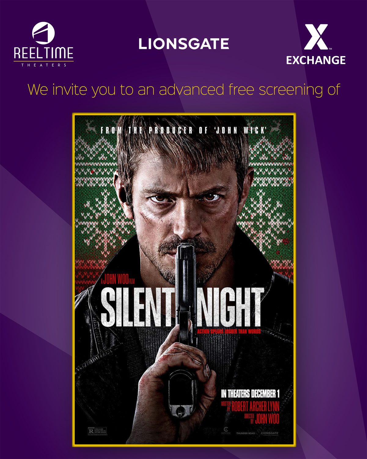 The Army & Air Force Exchange Service is once again teaming up with Lionsgate to offer a free advance screening of the upcoming action film “Silent Night” on Nov. 25. 