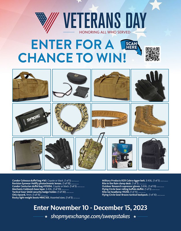 @shopmyexchange is saluting Veterans with sweepstakes featuring $8,000 in tactical gear prizes! From Nov. 10 to Dec. 15, shoppers can visit ShopMyExchange.com/Sweepstakes for a chance to win one of the 128 prizes. 