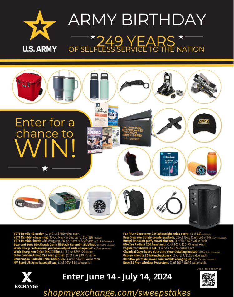 Shoppers 18 and older can celebrate the 249th Army birthday with the latest @shopmyexchange sweepstakes. Enter to win a share of more than $12,000 in prizes at ShopMyExchange.com/sweepstakes from June 14 to July 14. No purchase necessary.