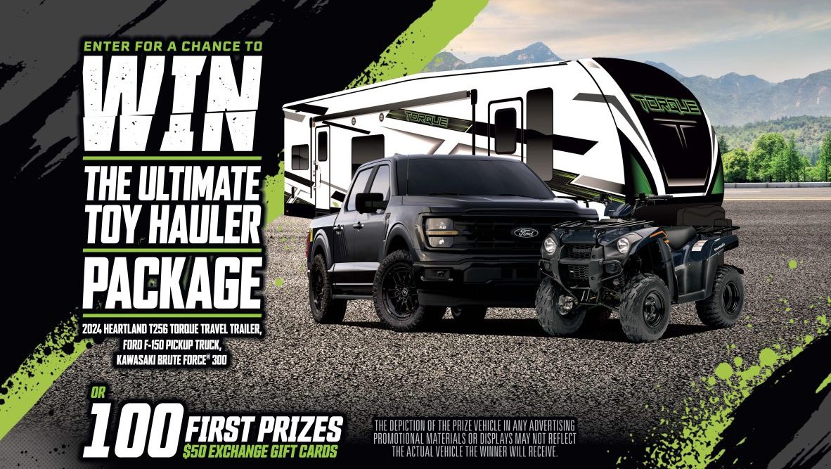 One lucky Exchange shopper can make some noise with new toys in the Ultimate Toy Hauler sweepstakes from the Exchange and Monster Energy. Through Aug. 31, shoppers can enter at ShopMyExchange.com/sweepstakes to win a 2024 Heartland travel trailer, customized Ford F-150, Kawasaki ATV and $10,000 cash!