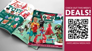 Ad spread of the toys with a QR code present