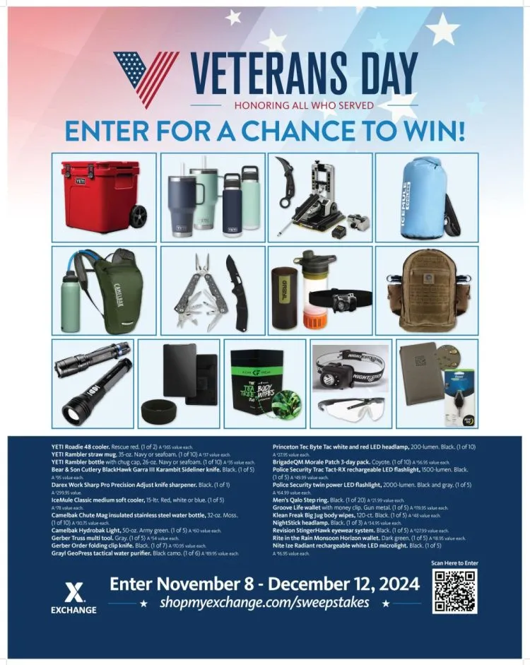 The Army & Air Force Exchange Service is saluting the Nation’s heroes with prizes, including tactical gear, in the Veterans Day sweepstakes. From Nov. 8 through Dec. 12, shoppers can visit ShopMyExchange.com/Sweepstakes for a chance to win one of 144 prizes. 