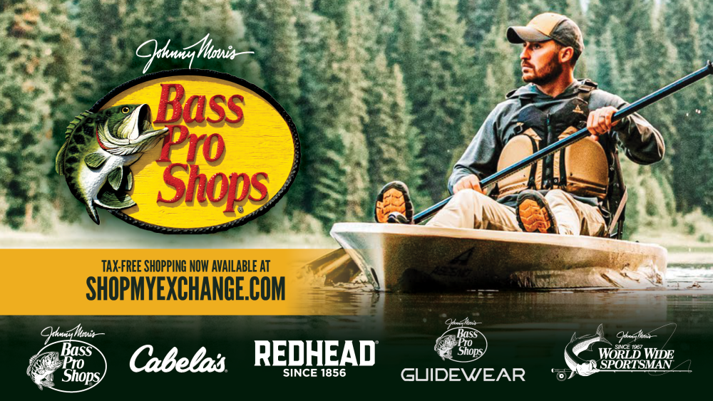 Man rowing in a boat next to the Bass Pro Shop logo and brands