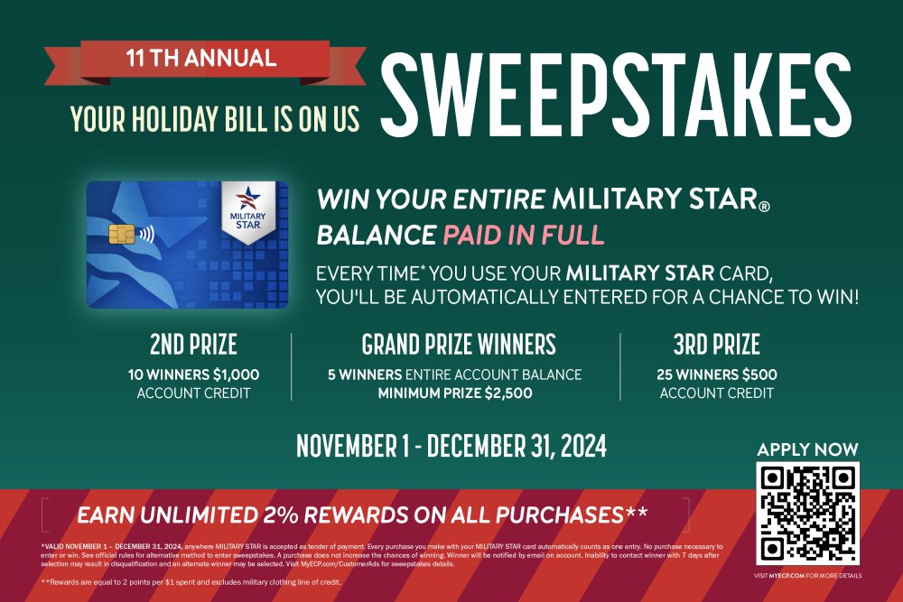 It’s almost the most wonderful time of year, and MILITARY STAR is making the holidays extra special by paying off balances in full. Every time shoppers use their MILITARY STAR card, they’ll be automatically entered into the 11th annual Your Holiday Bill Is On Us Sweepstakes.