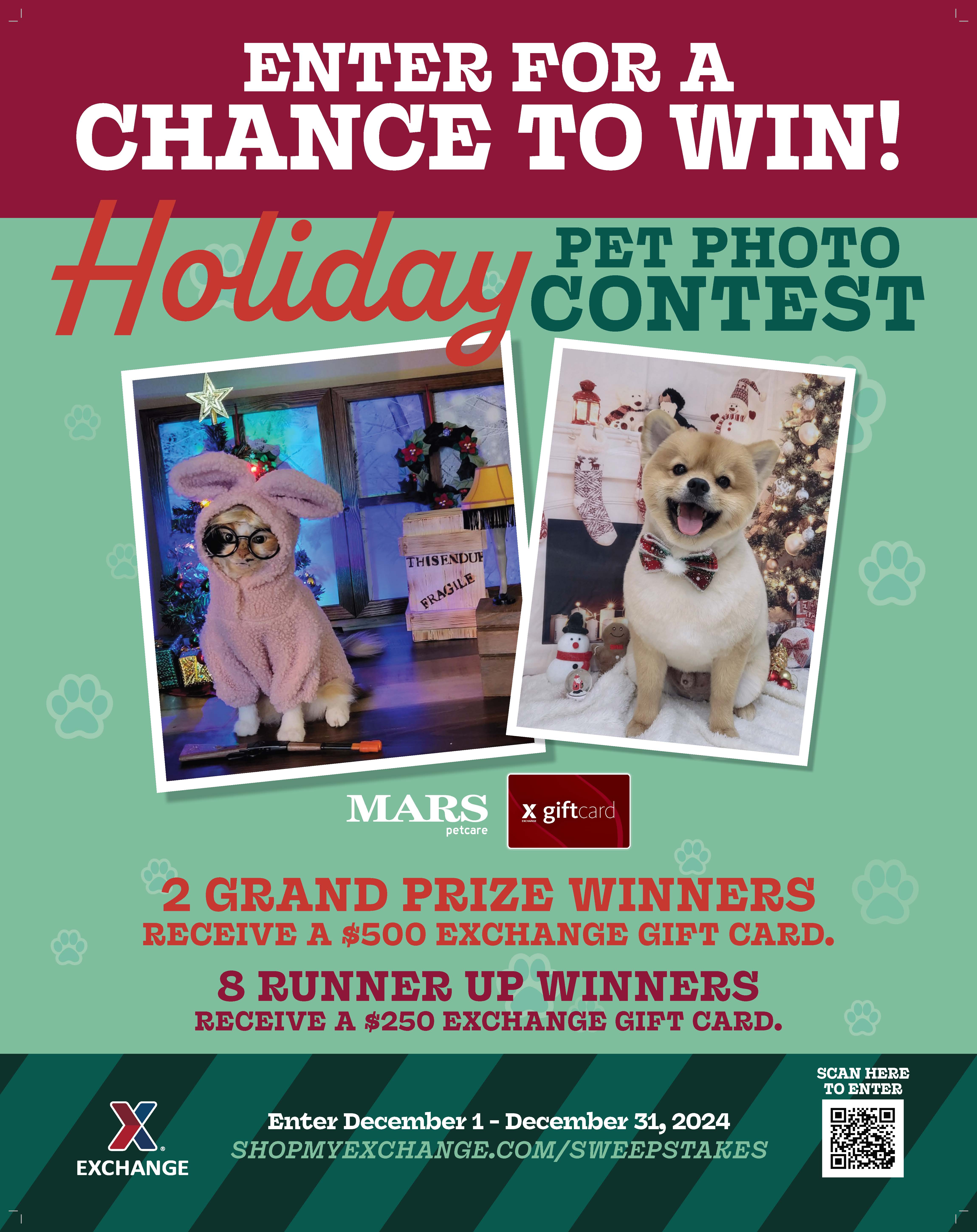 Exchange shoppers can show off their furry friends in their festive best for a chance at $3,000 in prizes in the Holiday Pet Photo Contest.