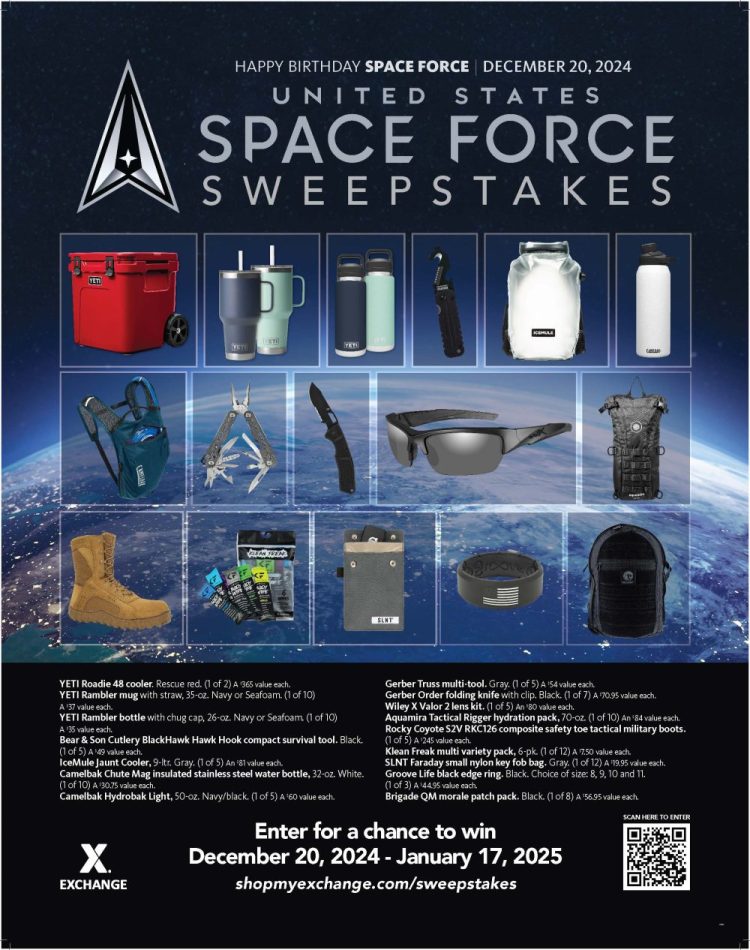 Happy birthday to the Space Force! In celebration of the branch’s fifth birthday, the Army & Air Force Exchange Service is giving away more than $6,850 in prizes from top name brands. From Dec. 20 to Jan. 17, shoppers can enter at ShopMyExchange.com/sweepstakes for a chance to win one of 114 prizes. 