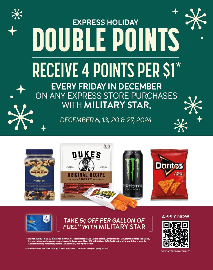 ! MILITARY STAR cardholders can earn 4 points per $1 instead of the usual 2 points on every Friday Express purchase this month.