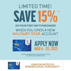 Promotional teal and blue flyer that highlights MILITARY STAR new cardmember perk which is further expanded on in the accompanying article.