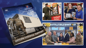 Exchange 2024 Annual Reports booklet cover with photos of Exchange associates cutting a ribbon at a new restaurant, a military man getting breakfast from hot roller station and associated holding photos of themselves during their military service