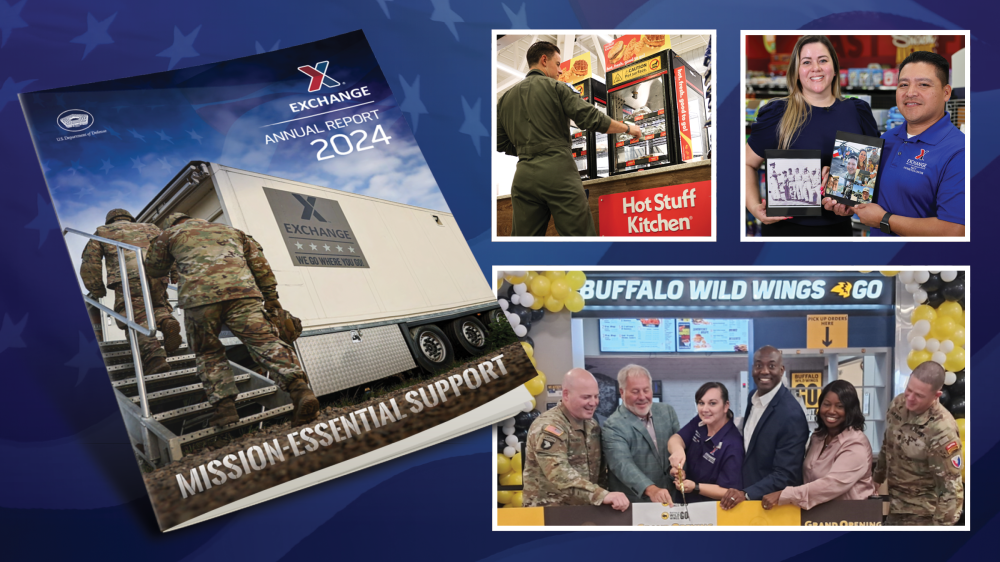 Exchange 2024 Annual Reports booklet cover with photos of Exchange associates cutting a ribbon at a new restaurant, a military man getting breakfast from hot roller station and associated holding photos of themselves during their military service