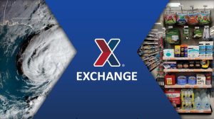 Graphic with Exchaneg logo in center with image of eye or hurricane to the left and stocked store shelves to the right