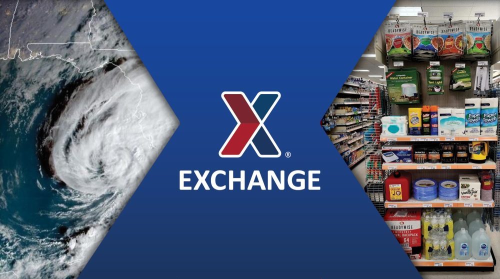 Graphic with Exchaneg logo in center with image of eye or hurricane to the left and stocked store shelves to the right