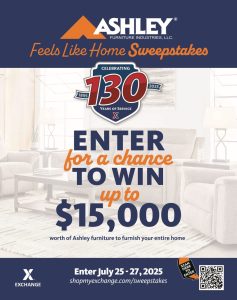 poster with text saying "enter for a chance to win up to $15,000 worth of Ashley Furniture"