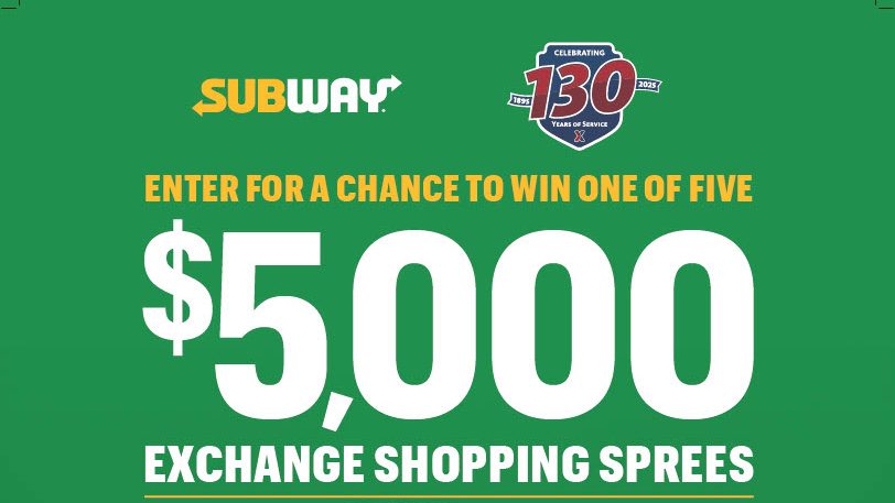 Green Poster with Subway sandwich in Center and text that says "$5,000 Exchange Shopping Sprees"