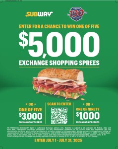 Green Poster with Subway sandwich in Center and text that says "$5,000 Exchange Shopping Sprees"