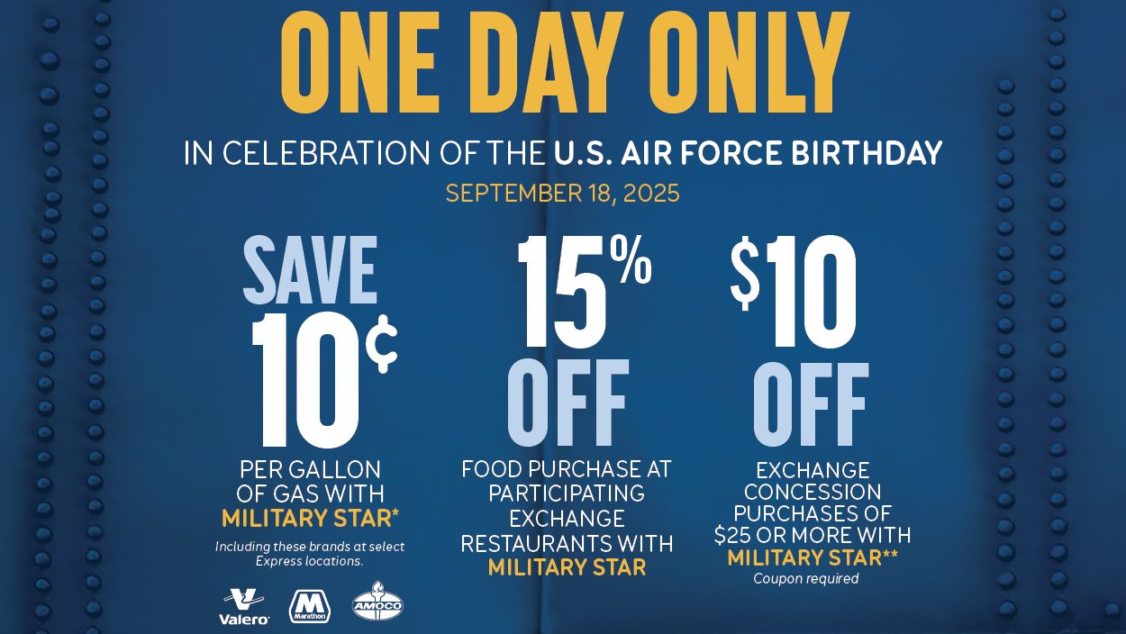 Happy birthday, U.S. Air Force! MILITARY STAR cardmembers can celebrate the Air Force’s 78th birthday with exclusive one-day savings, including 10 cents off every gallon of gas and double points.