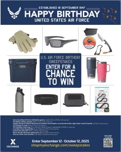 Blue poster with images of sunglasses, gloves and other apparel included in the sweepstakes