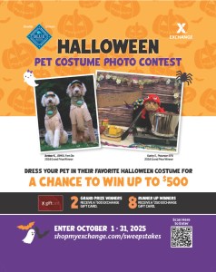 From Oct. 1 through Oct. 31, authorized Exchange shoppers 18 years or older worldwide can submit a photo of their pets in their Halloween finest at ShopMyExchange.com/Sweepstakes for their chance to win a share of $3,000 in gift cards.